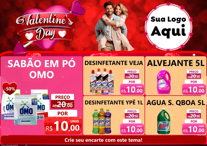 Modelo de Encarte para Encarte A4 Horizontal com o tema Valentine's Day para Produtos de Limpeza