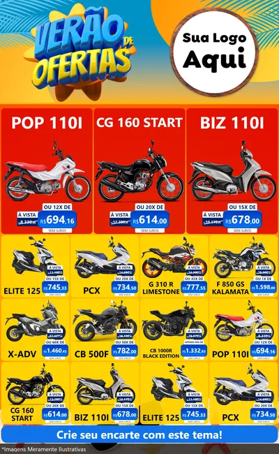 Modelo de Encarte para Encarte Grande com o tema Verão de Ofertas para Concessionaria de Motos