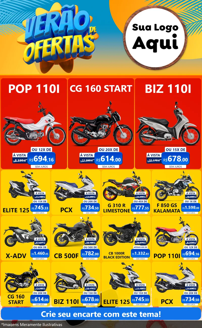 Modelo de Encarte para Encarte Grande com o tema Verão de Ofertas para Concessionaria de Motos
