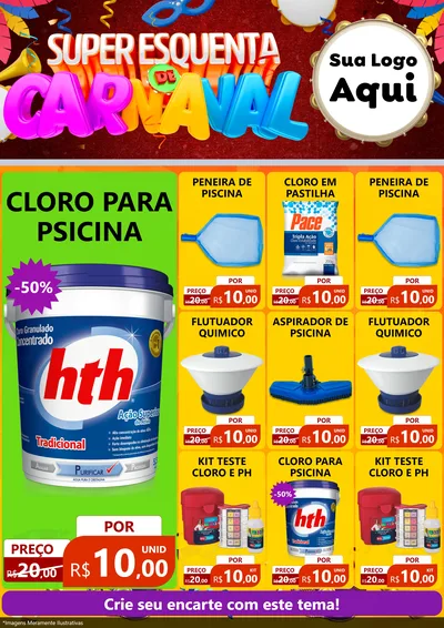 Modelo de Encarte para Encarte A4 Vertical com o tema Super Esquenta de Carnaval para Produtos para Piscina