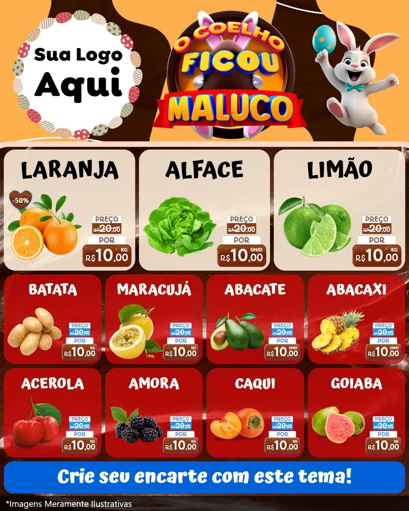 Modelo de Rede Social para Feed Instagram com o tema O Coelho Ficou Maluco - Páscoa para Hortifrúti