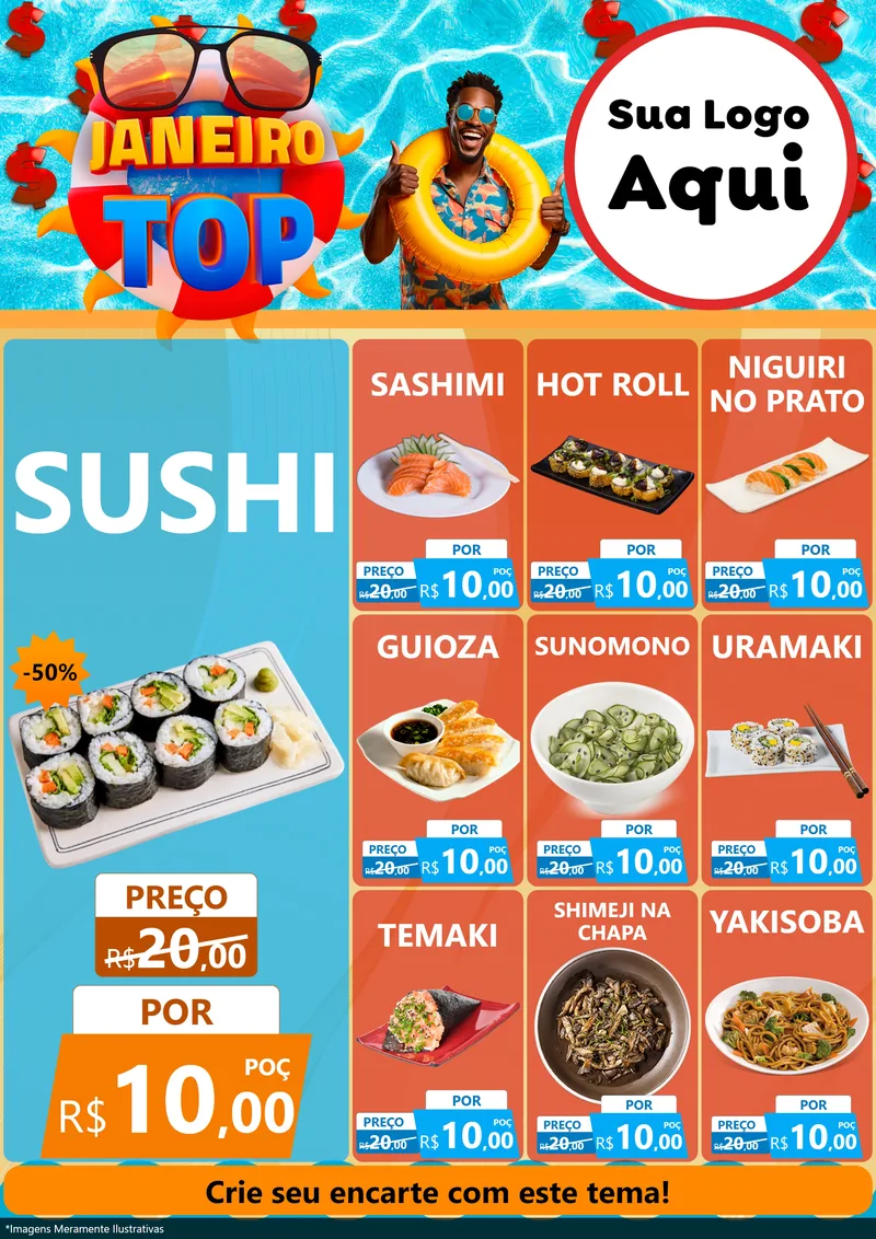 Modelo de Encarte para Encarte A4 Vertical com o tema Janeiro Top para Comida japonesa