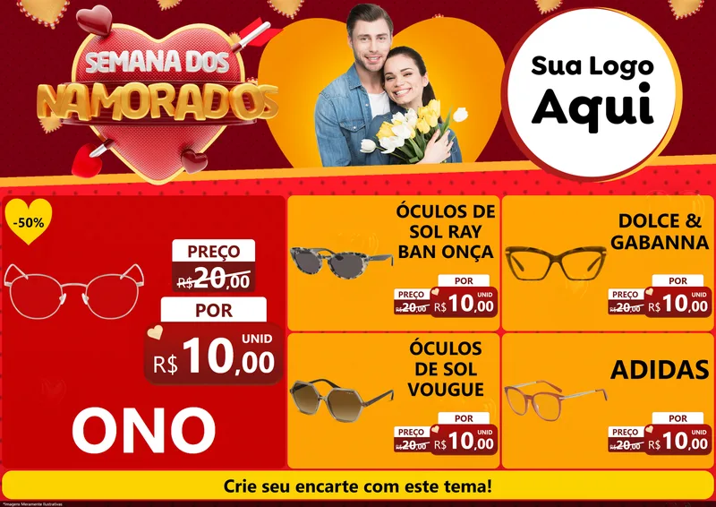 Modelo de Encarte para Encarte A4 Horizontal com o tema Semana dos Namorados para Óticas