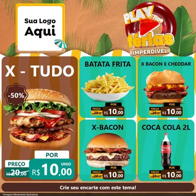 Modelo de Rede Social para Feed Facebook com o tema Play Nas Férias Imperdível para Hamburgueria