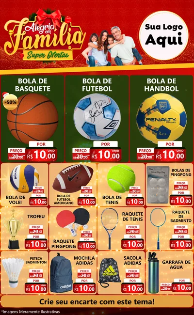 Modelo de Encarte para Encarte Grande com o tema Alegria em Família Super Ofertas - Natal para Artigos Esportivos