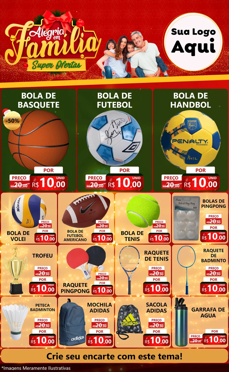 Modelo de Encarte para Encarte Grande com o tema Alegria em Família Super Ofertas - Natal para Artigos Esportivos