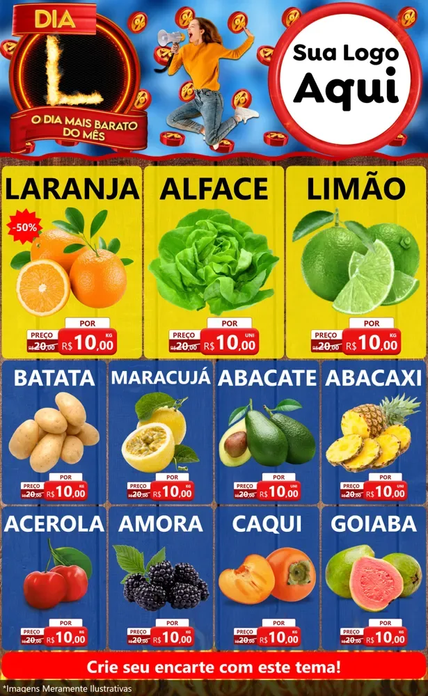 Modelo de Encarte para Encarte Grande com o tema Dia L - O Dia Mais Barato Do Mês para Hortifrúti