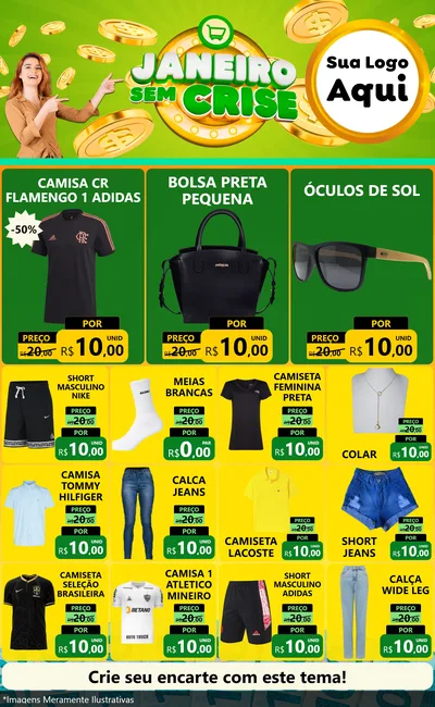Modelo de Encarte para Encarte Grande com o tema Janeiro Sem Crise para Roupas e acessórios