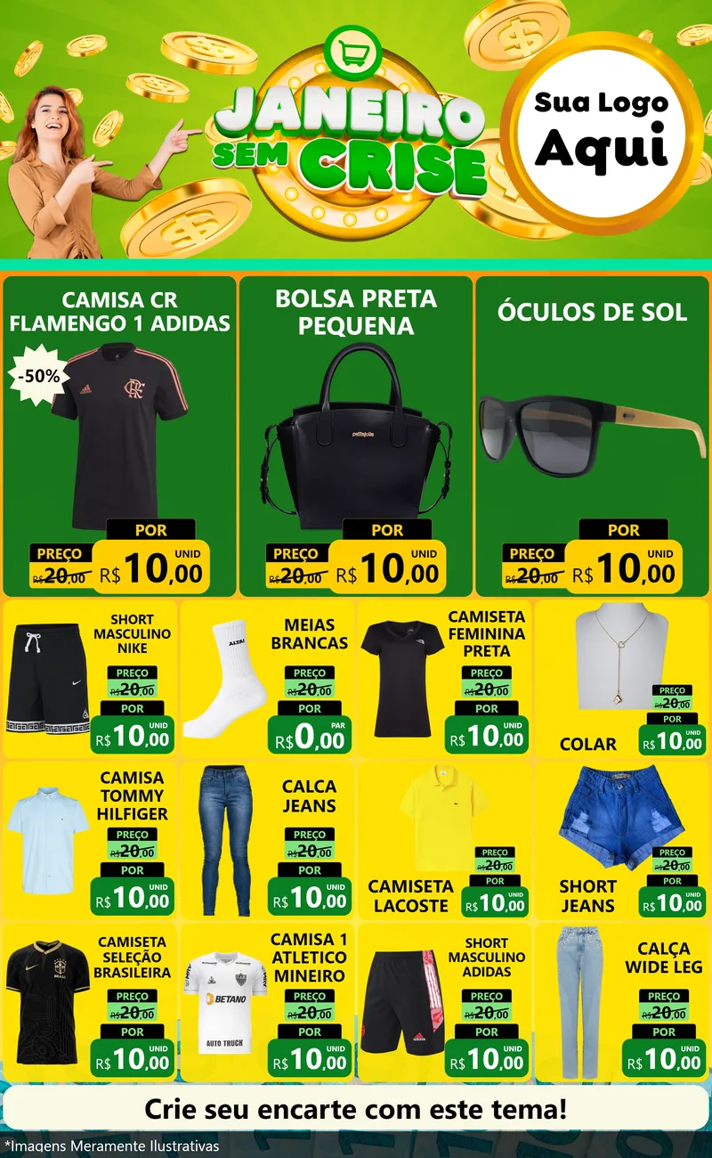 Modelo de Encarte para Encarte Grande com o tema Janeiro Sem Crise para Roupas e acessórios