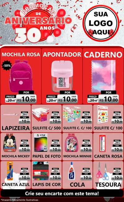 Modelo de Encarte para Encarte Grande com o tema Promoção de Aniversário - 30 Anos para Papelaria