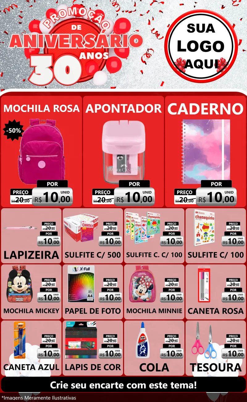 Modelo de Encarte para Encarte Grande com o tema Promoção de Aniversário - 30 Anos para Papelaria
