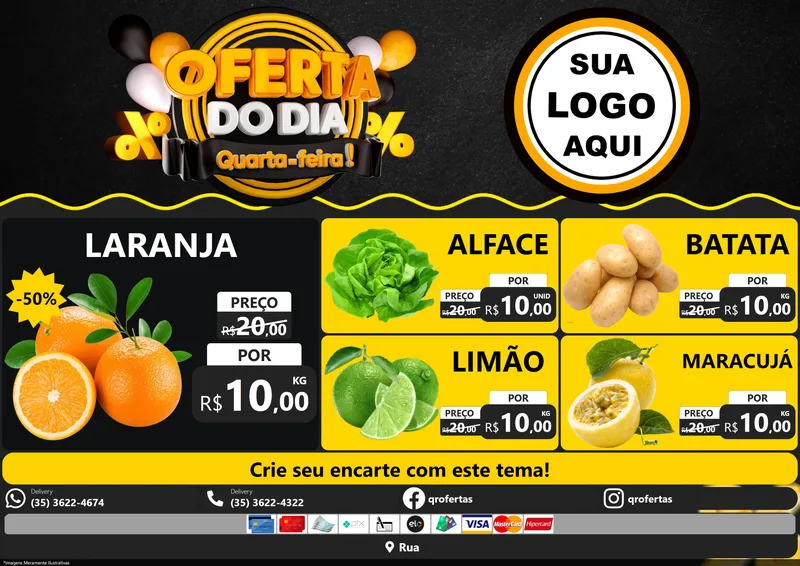 Modelo de Encarte para Encarte A4 Horizontal com o tema Oferta do Dia - Quarta Feira! para Hortifrúti