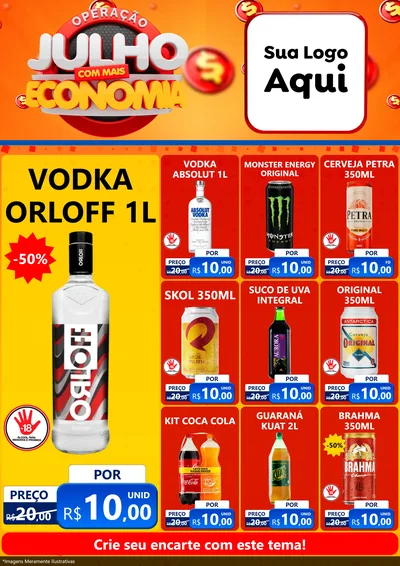 Modelo de Encarte para Encarte A4 Vertical com o tema Operação Julho Com Mais Economia para Distribuidora de bebidas