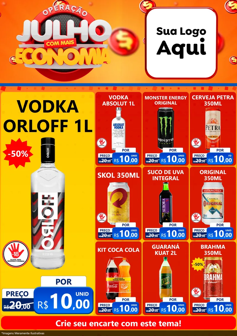 Modelo de Encarte para Encarte A4 Vertical com o tema Operação Julho Com Mais Economia para Distribuidora de bebidas
