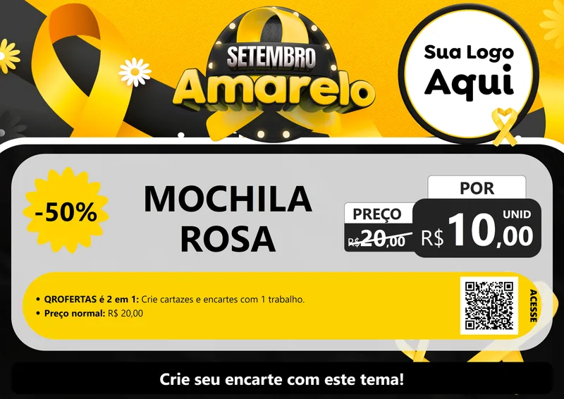 Modelo de Cartaz para Cartaz A4 Horizontal com o tema Setembro Amarelo para Papelaria