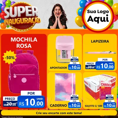 Modelo de Rede Social para Feed Facebook com o tema Super Inauguração para Papelaria