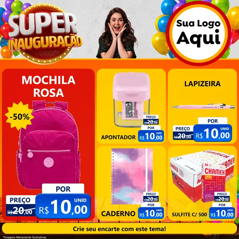 Modelo de Rede Social para Feed Facebook com o tema Super Inauguração para Papelaria