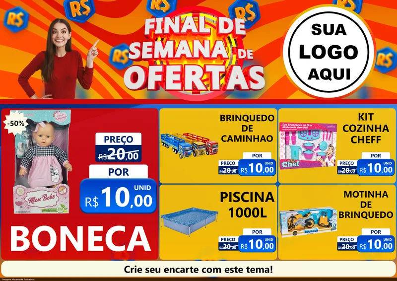 Modelo de Encarte para Encarte A4 Horizontal com o tema Final de Semana de Ofertas para Brinquedos