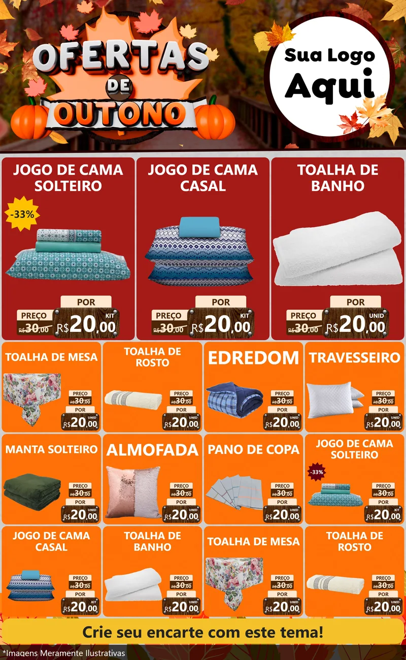 Modelo de Encarte para Encarte Grande com o tema Ofertas de Outono para Cama, Mesa e Banho