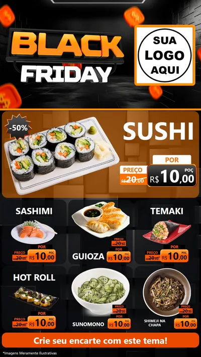 Modelo de Rede Social para Stories com o tema Black Friday para Comida japonesa