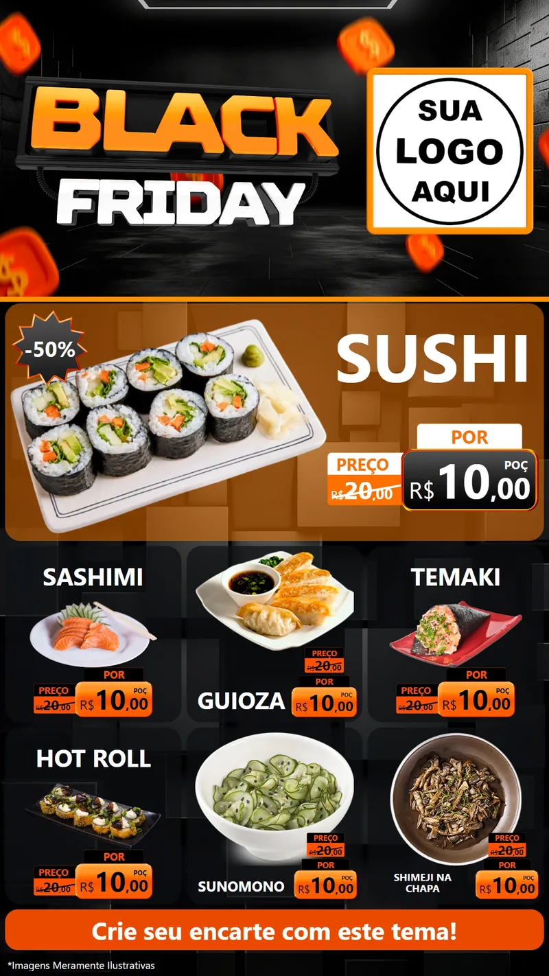 Modelo de Rede Social para Stories com o tema Black Friday para Comida japonesa