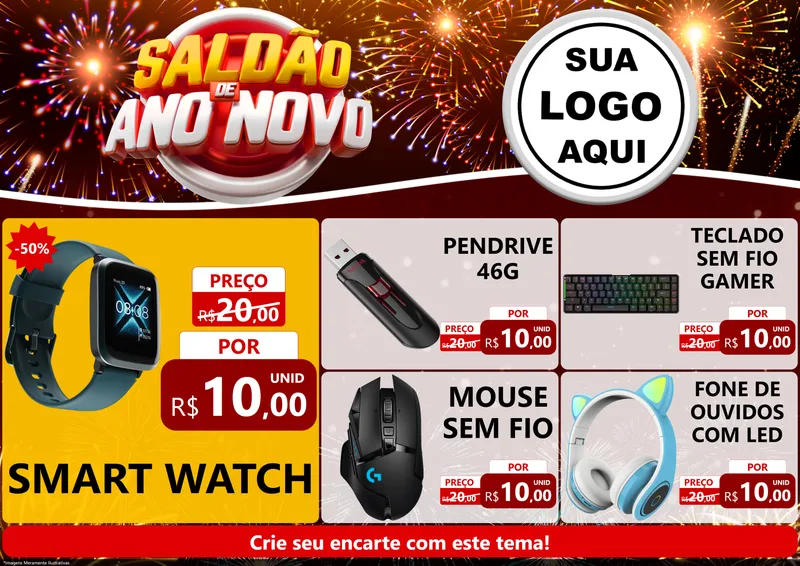 Modelo de Encarte para Encarte A4 Horizontal com o tema Saldão de Ano Novo para Informática