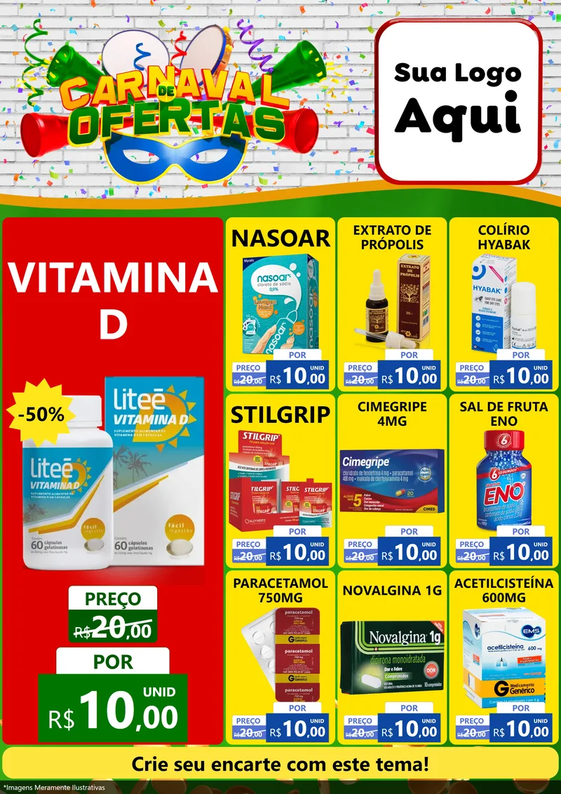 Modelo de Encarte para Encarte A4 Vertical com o tema Carnaval de Ofertas para Farmácia