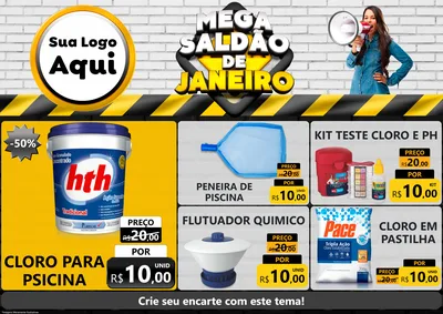 Modelo de Encarte para Encarte A4 Horizontal com o tema Mega Saldão de Janeiro para Produtos para Piscina