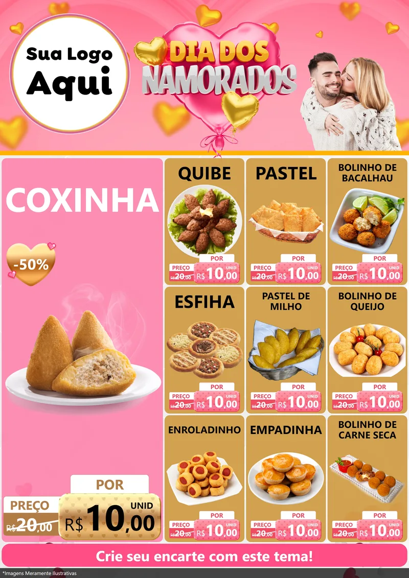 Modelo de Encarte para Encarte A4 Vertical com o tema Dia dos Namorados para Salgadaria