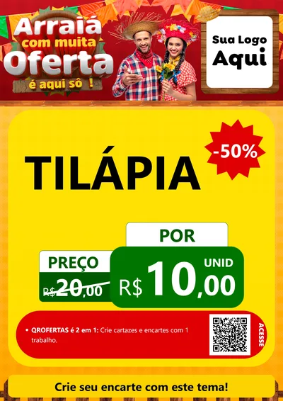 Modelo de Cartaz para Cartaz A4 Vertical com o tema Arraiá Com Muita Oferta - É Aqui Sô! para Peixaria