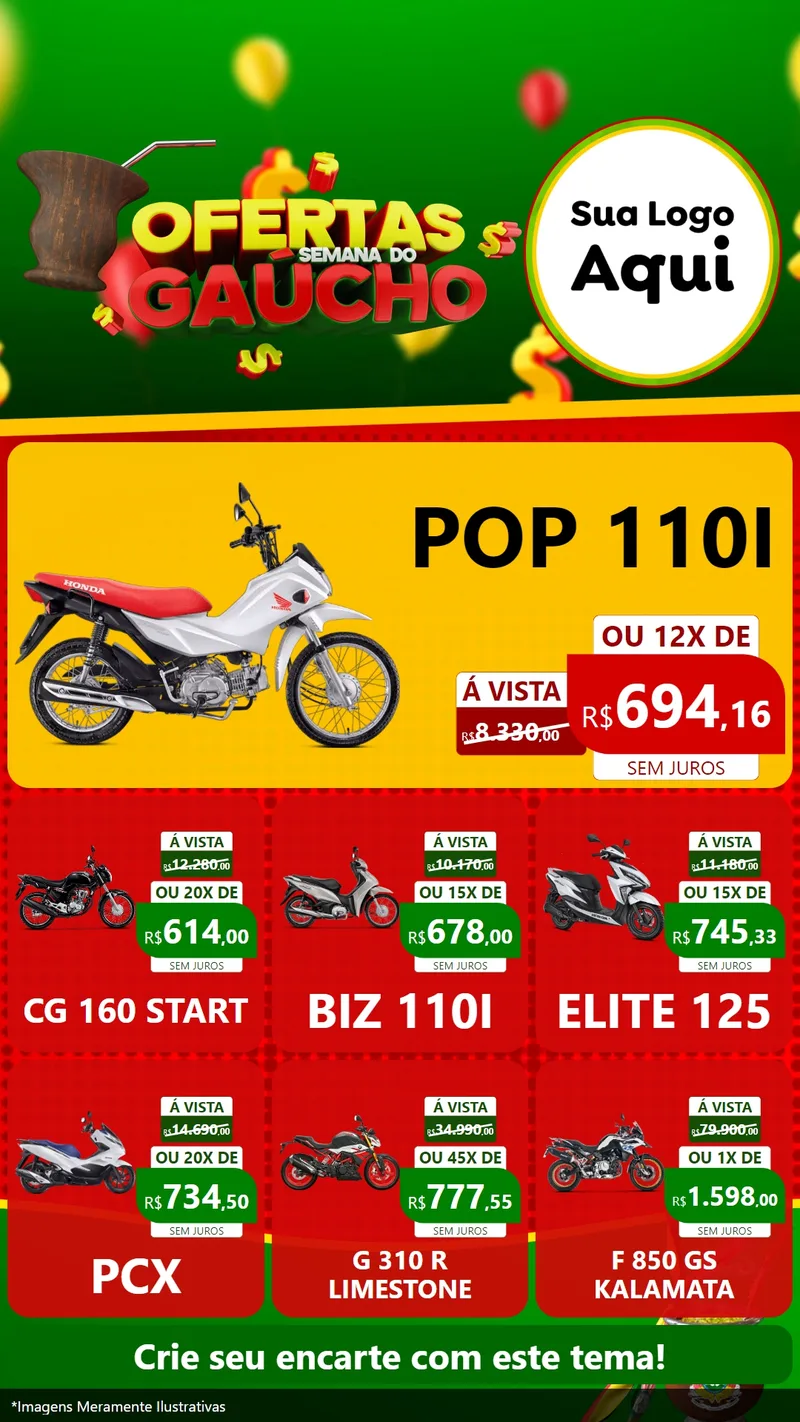 Modelo de Rede Social para Stories com o tema Ofertas Semana Do Gaúcho para Concessionaria de Motos