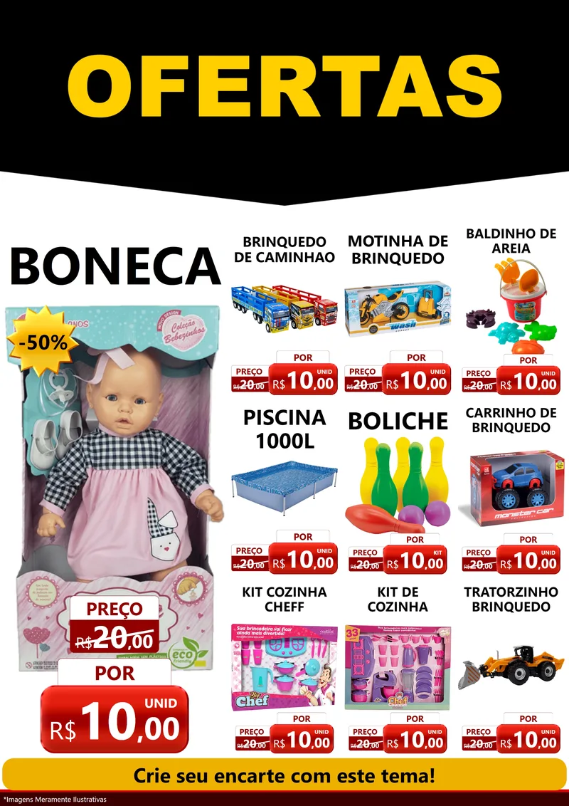 Modelo de Encarte para Encarte A4 Vertical com o tema Ofertas Preto e Vermelho Cartaz para Brinquedos