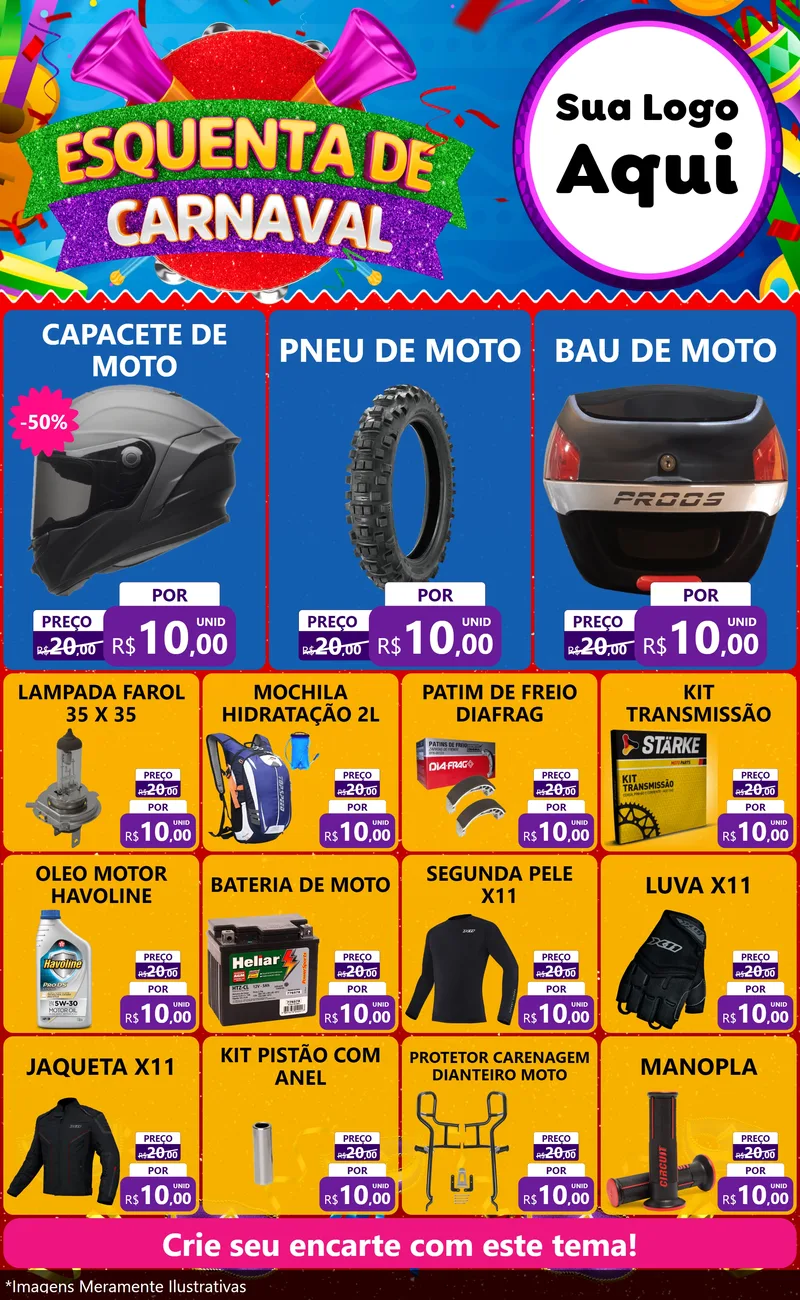 Modelo de Encarte para Encarte Grande com o tema Esquenta de Carnaval para Moto peças