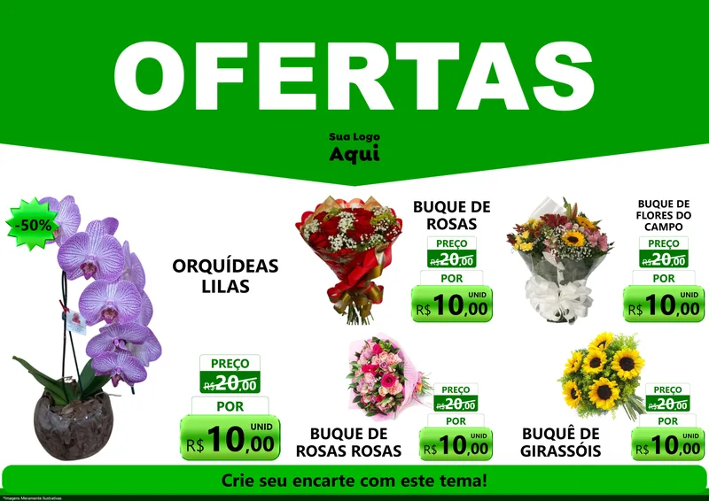 Modelo de Encarte para Encarte A4 Horizontal com o tema Ofertas Verde Cartaz para Floricultura e jardim