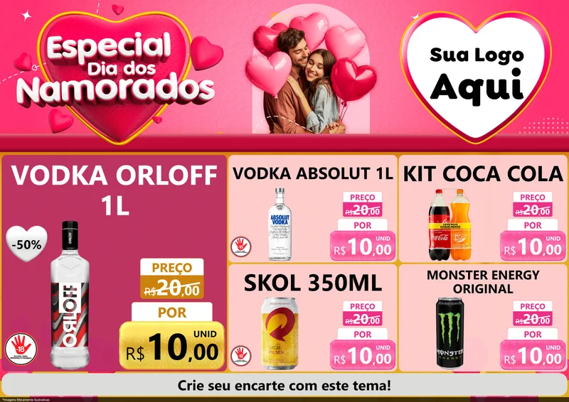 Modelo de Encarte para Encarte A4 Horizontal com o tema Especial Dia dos Namorados para Distribuidora de bebidas