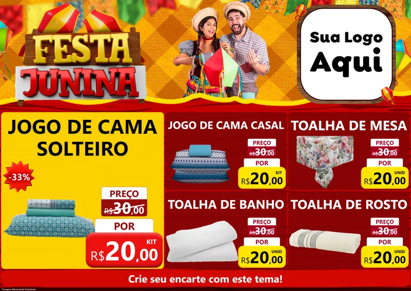 Modelo de Encarte para Encarte A4 Horizontal com o tema Festa Junina para Cama, Mesa e Banho