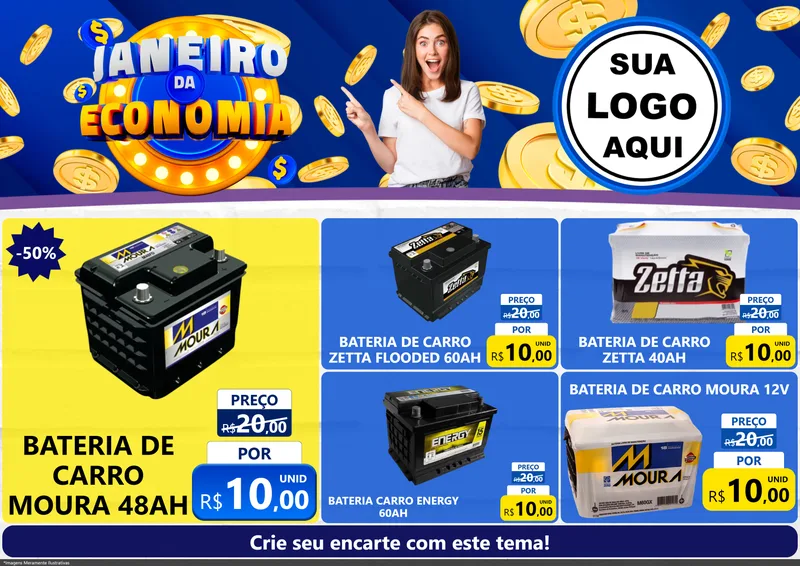 Modelo de Encarte para Encarte A4 Horizontal com o tema Janeiro da Economia para Baterias Elétricas