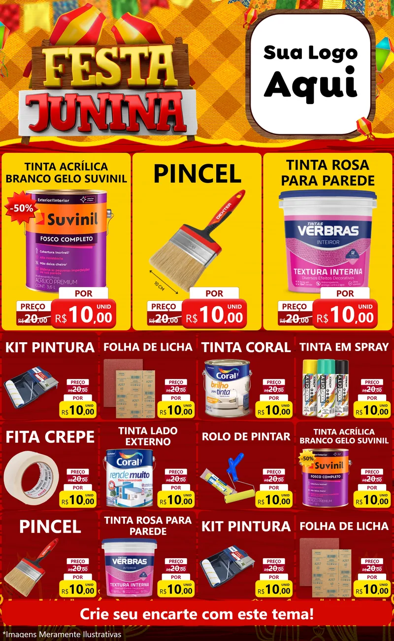 Modelo de Encarte para Encarte Grande com o tema Festa Junina para Tintas e Ferramentas