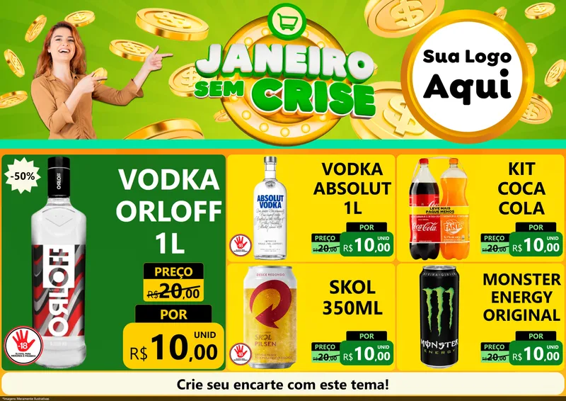 Modelo de Encarte para Encarte A4 Horizontal com o tema Janeiro Sem Crise para Distribuidora de bebidas