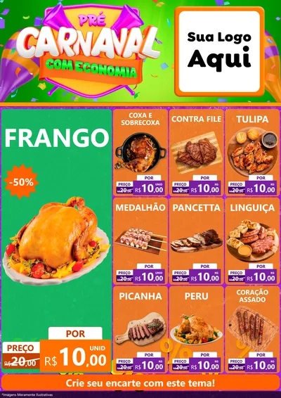 Modelo de Encarte para Encarte A4 Vertical com o tema Pré-Carnaval Com Economia para Assados