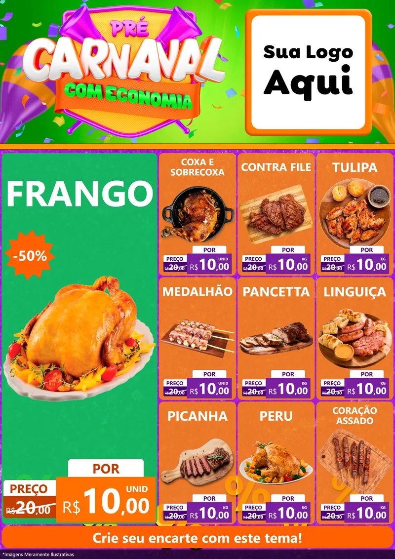 Modelo de Encarte para Encarte A4 Vertical com o tema Pré-Carnaval Com Economia para Assados