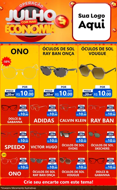 Modelo de Encarte para Encarte Grande com o tema Operação Julho Com Mais Economia para Óticas