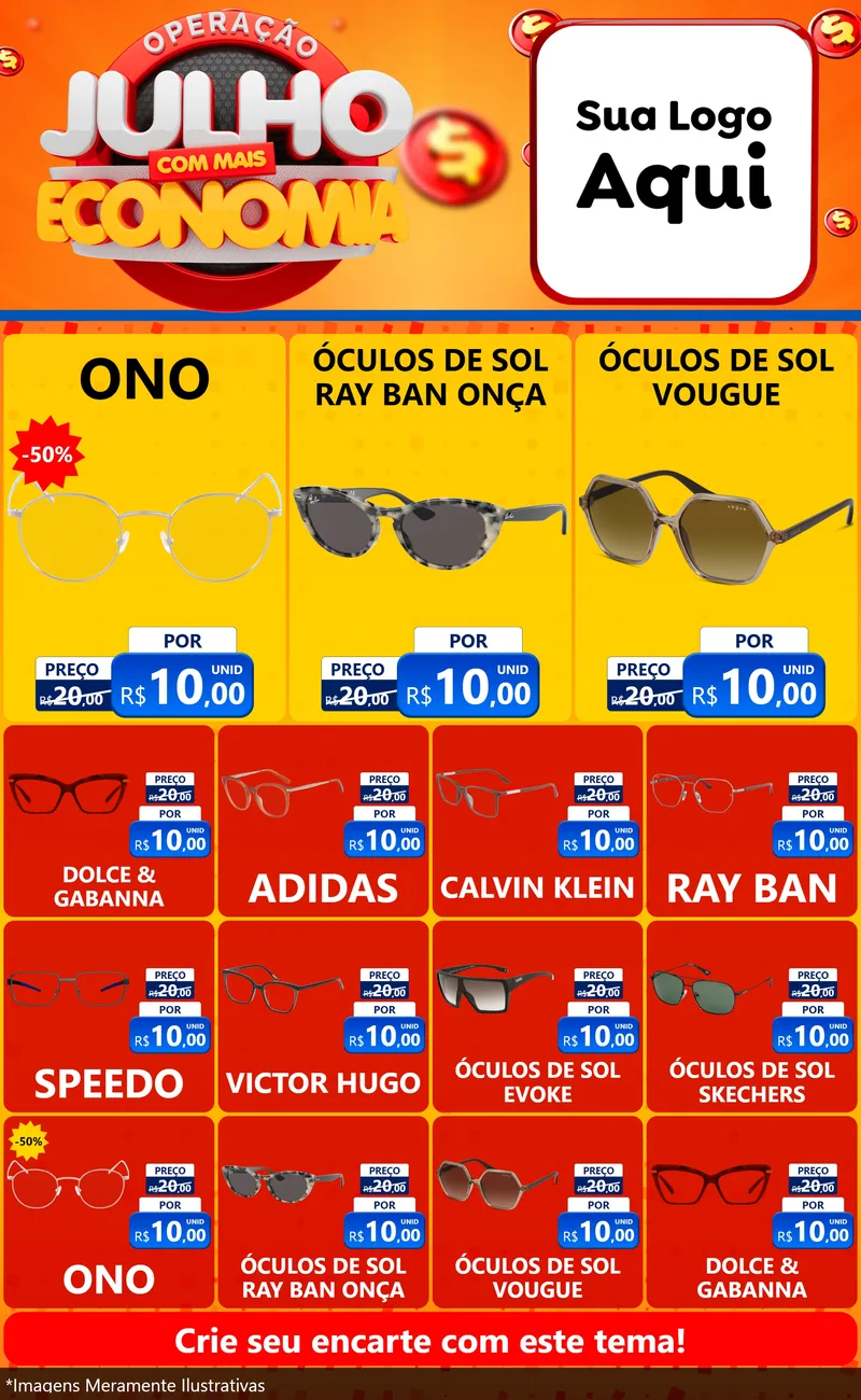 Modelo de Encarte para Encarte Grande com o tema Operação Julho Com Mais Economia para Óticas