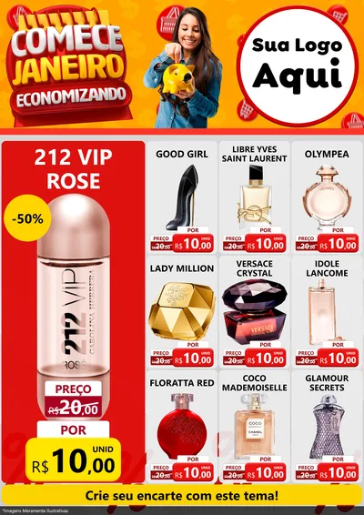 Modelo de Encarte para Encarte A4 Vertical com o tema Comece Janeiro Economizando para Perfumes