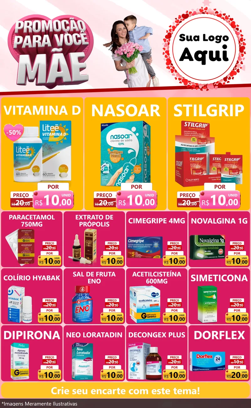 Modelo de Encarte para Encarte Grande com o tema Promoção Para Você Mãe para Farmácia