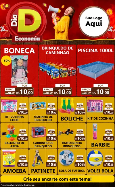 Modelo de Encarte para Encarte Grande com o tema Dia D Economia para Brinquedos
