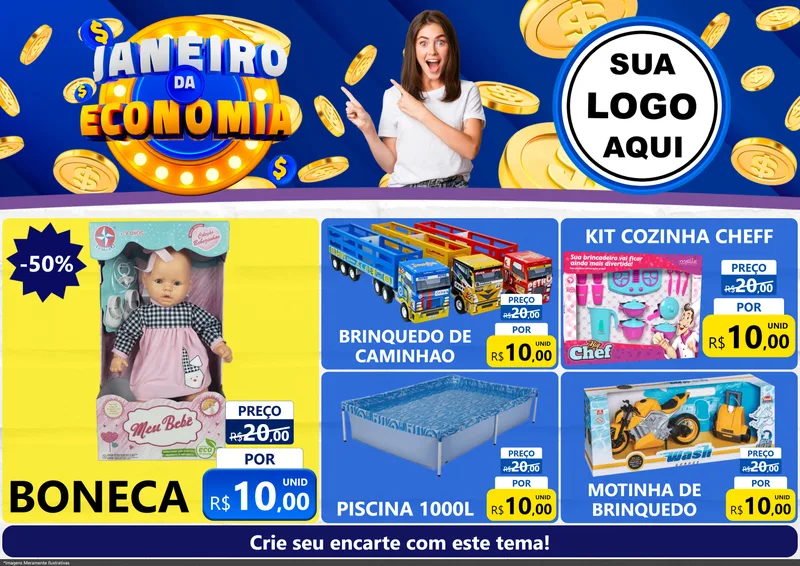 Modelo de Encarte para Encarte A4 Horizontal com o tema Janeiro da Economia para Brinquedos