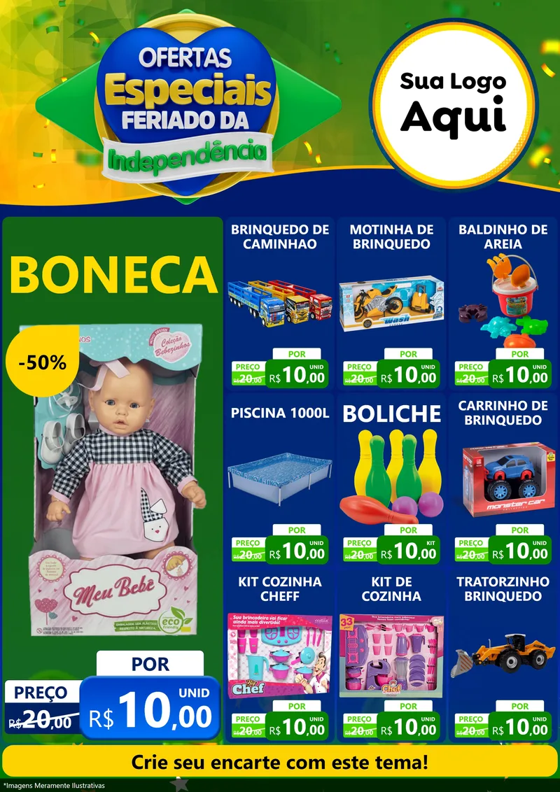 Modelo de Encarte para Encarte A4 Vertical com o tema Ofertas Especiais Feriado da Independência para Brinquedos
