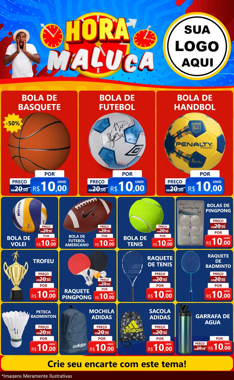 Modelo de Encarte para Encarte Grande com o tema Hora Maluca para Artigos Esportivos