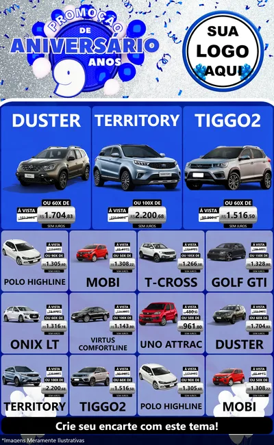 Modelo de Encarte para Encarte Grande com o tema Promoção de Aniversário - 9 Anos para Concessionaria de Carros